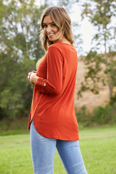 Plus Size Spiced Cider Full Size ITY Knit Quarter-Zip Three-Quarter Sleeve Top