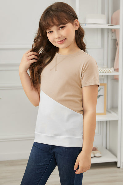 Girls Color Block Round Neck Tee