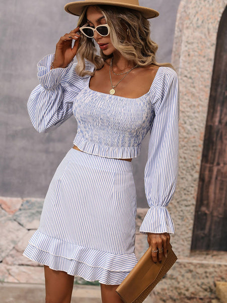 Striped Smocked Square Neck Cropped Top and Mini Skirt Set
