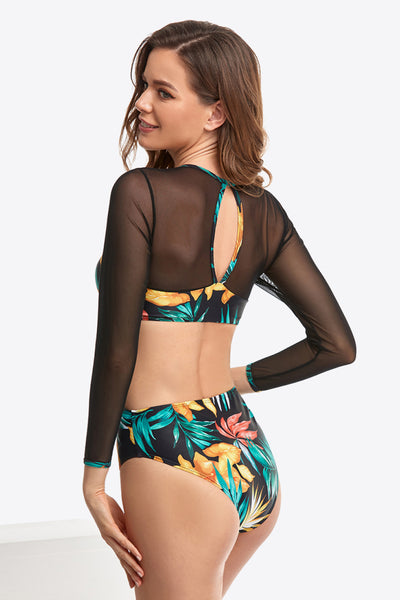 Botanical Print Cutout Spliced Mesh One-Piece Swimsuit