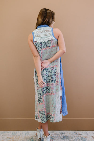 Plus Size ODDI Amazingly Artistic Full Size Run Patchwork Print Chambray Dress