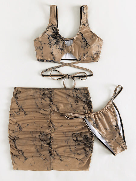 Tie-Dye Ruched Three-Piece Swimsuit
