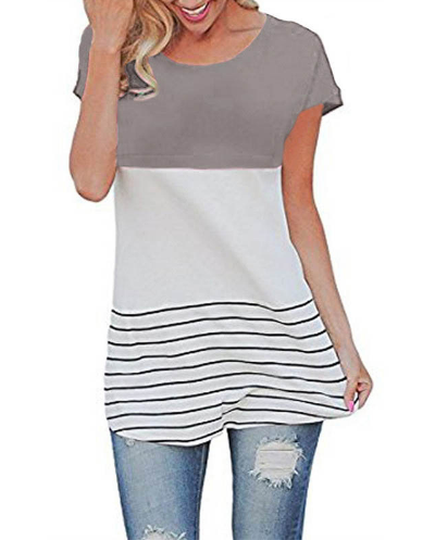 Fashion Women Summer Back Lace T-shirt Short Sleeve Stripes T-shirts Casual Tees Tops