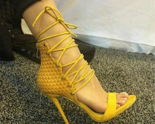 Women Fashion Yellow Leather Lace-up Gladiator Sandals Cut-out Stiletto Heel Sandals Dress Shoes