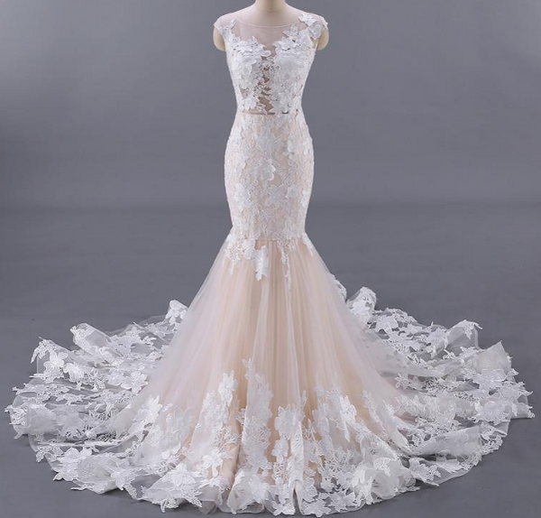 Sexy Backless Floral Appliques Sexy Wedding Dress Champagne Color Mermaid Wedding Dresses