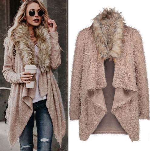 Fashion Luxury Women Knit Faux Fur Long Sleeve Coat Tops Cardigan Sweaters Parka Outerwear Ladies Spring Coat