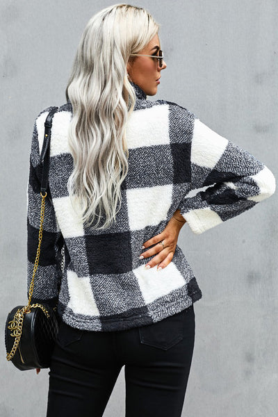 Plaid Zip Collar Plush Pullover Sweatshirt