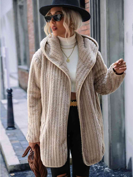 Open Front Ribbed Hooded Coat