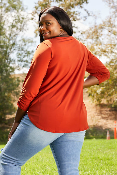 Plus Size Spiced Cider Full Size ITY Knit Quarter-Zip Three-Quarter Sleeve Top