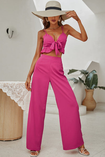 Ruffle Hem Cropped Top and Flare Leg Pants Set