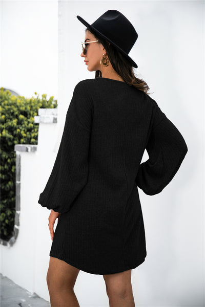 Balloon Sleeve Crisscross Detail Knit Dress