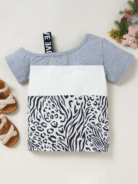 Girls Color Block Printed Cold-Shoulder Tee and Joggers Set
