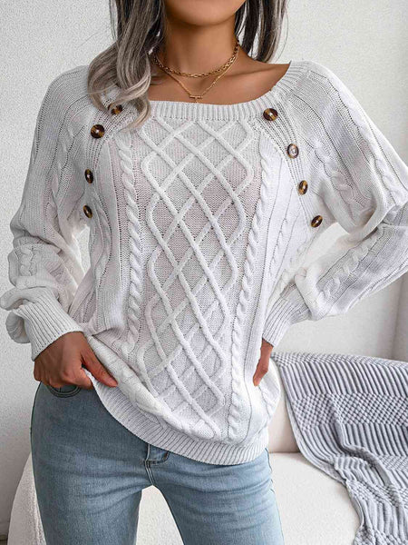 Decorative Button Cable-Knit Sweater