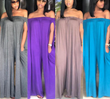 4-Colors Slash Neck Women Loose Short Sleeve Ladies Hollow Out Full Length Jumpsuits