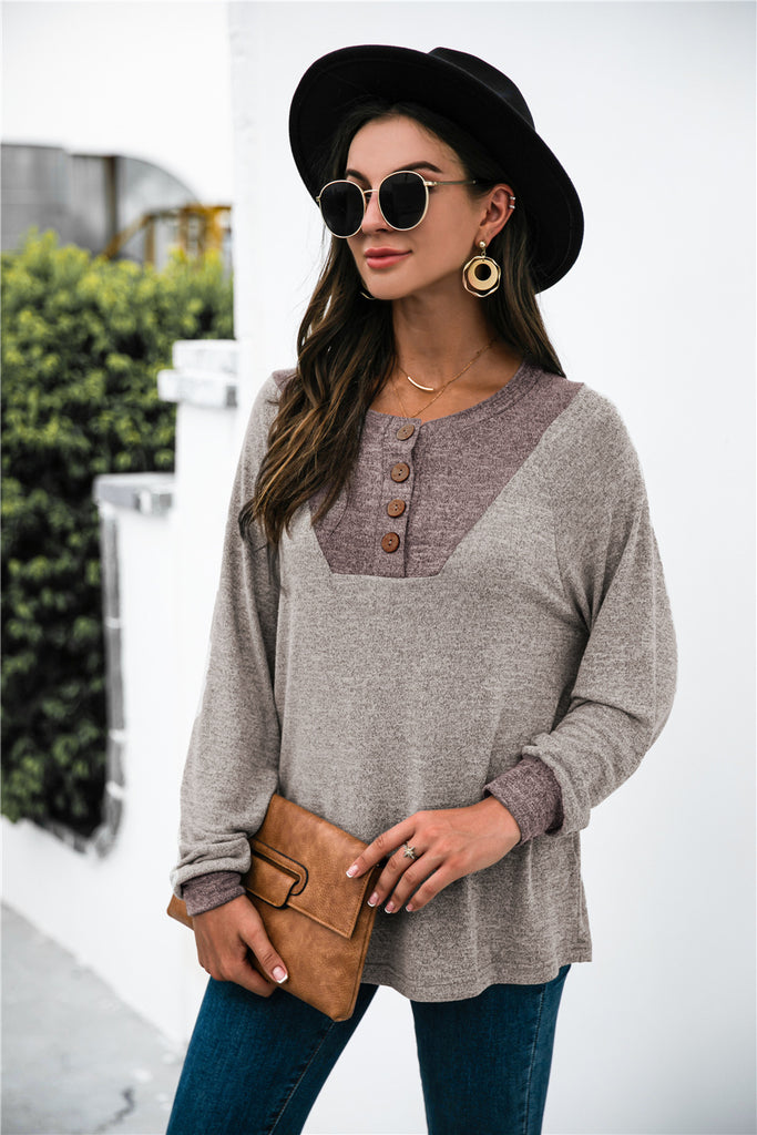 Two-tone Patch Button up Knit Top