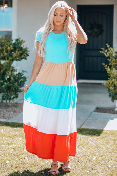 Women Color Block Round Neck Maxi Dress