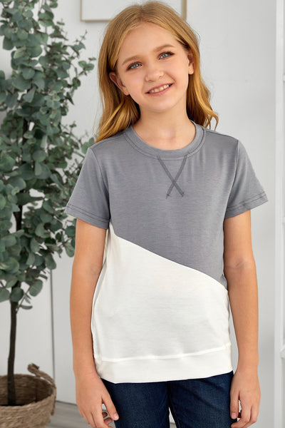 Girls Color Block Round Neck Tee