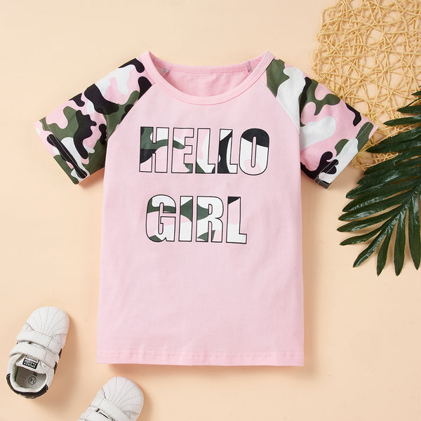 Kids HELLO GIRL Printed Raglan Sleeve Tee and Shorts Set