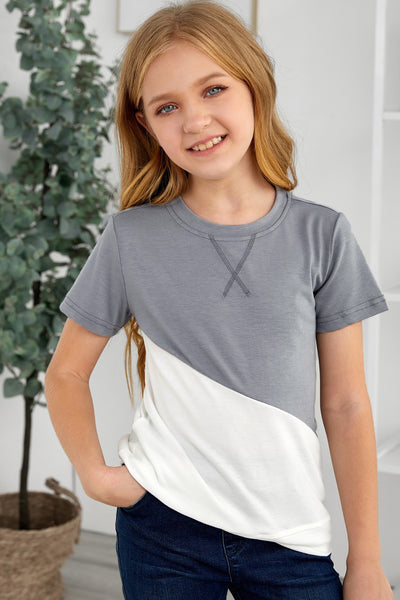 Girls Color Block Round Neck Tee