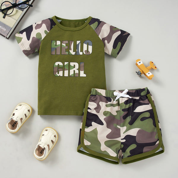 Kids HELLO GIRL Printed Raglan Sleeve Tee and Shorts Set