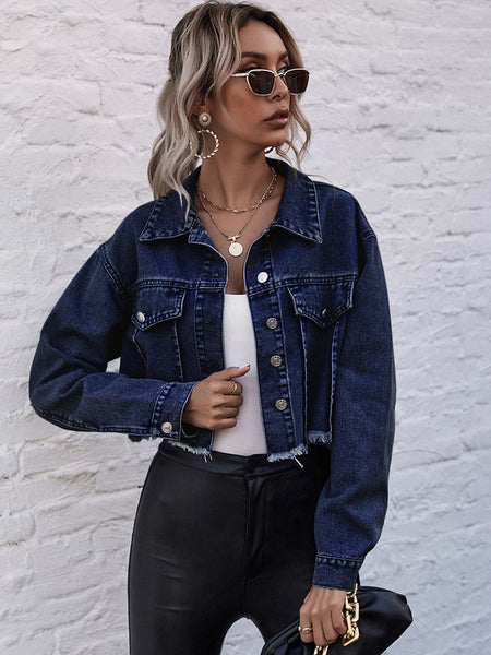 Cropped Collared Neck Raw Hem Denim Jacket