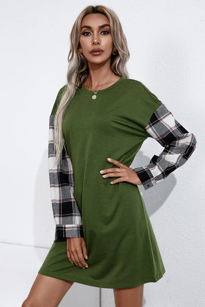 Plaid Sleeve Contrast T-Shirt Dress