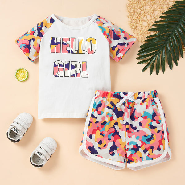 Kids HELLO GIRL Printed Raglan Sleeve Tee and Shorts Set
