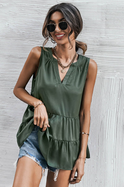 Notched Neck Tiered Sleeveless Top