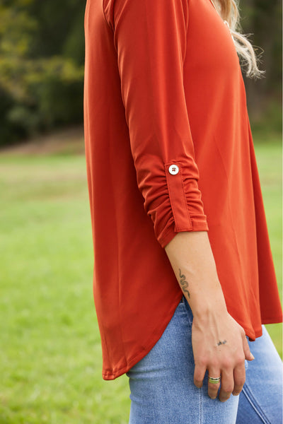 Plus Size Spiced Cider Full Size ITY Knit Quarter-Zip Three-Quarter Sleeve Top