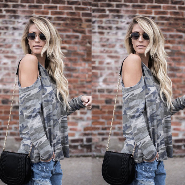 Women Army Camouflage Open Shoulder Long Sleeve Casual Tops T-Shirt Blouse
