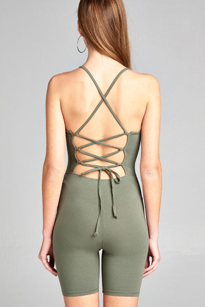 Ladies fashion low cut scoop neckline back open w/strappy cotton spandex bodycon romper