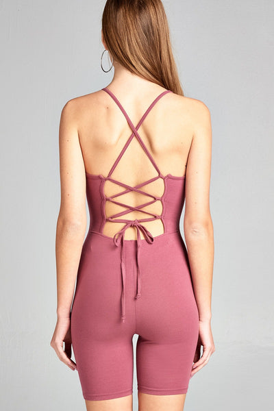 Ladies fashion low cut scoop neckline back open w/strappy cotton spandex bodycon romper