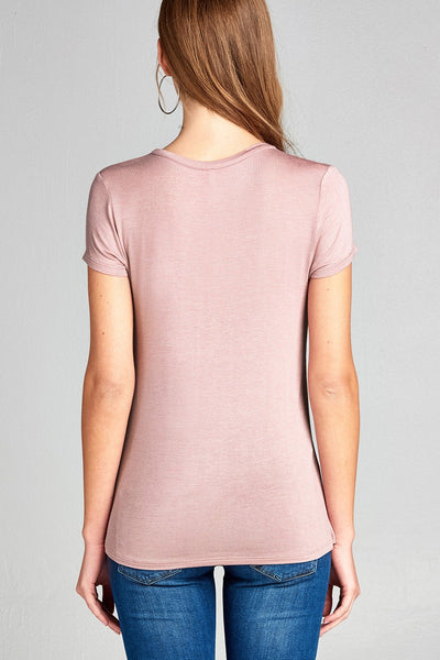 Ladies fashion short sleeve choker v-neck front twist hem rayon spandex top