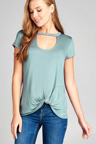 Ladies fashion short sleeve choker v-neck front twist hem rayon spandex top