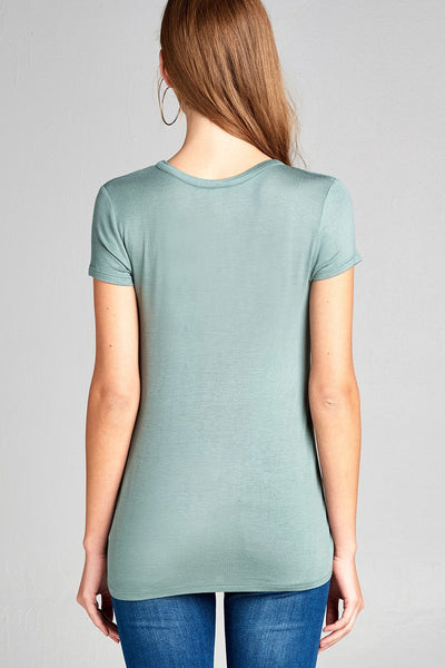 Ladies fashion short sleeve choker v-neck front twist hem rayon spandex top