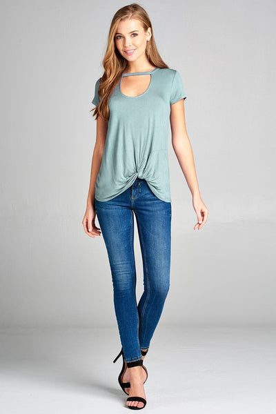 Ladies fashion short sleeve choker v-neck front twist hem rayon spandex top
