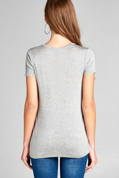 Ladies fashion short sleeve choker v-neck front twist hem rayon spandex top