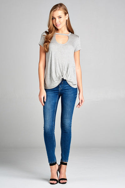 Ladies fashion short sleeve choker v-neck front twist hem rayon spandex top