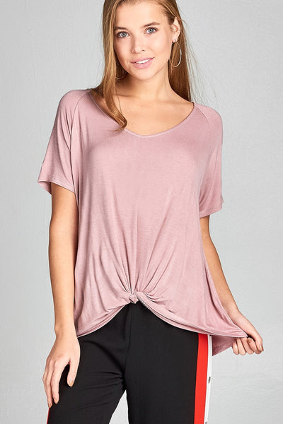 Ladies fashion short raglan sleeve front twisted rayon spandex top