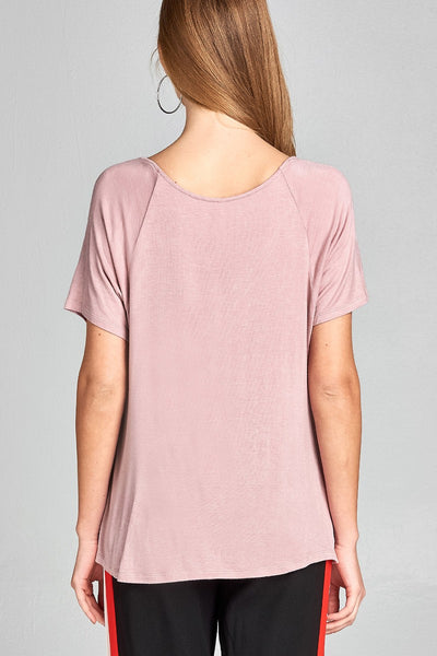 Ladies fashion short raglan sleeve front twisted rayon spandex top