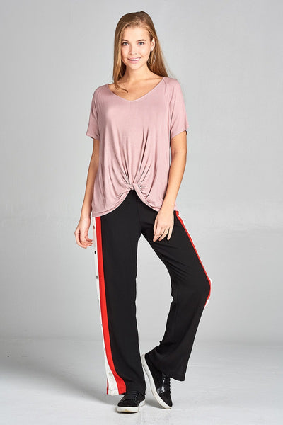 Ladies fashion short raglan sleeve front twisted rayon spandex top