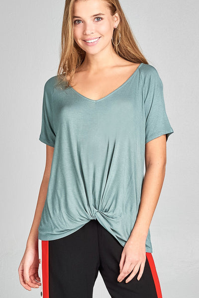 Ladies fashion short raglan sleeve front twisted rayon spandex top