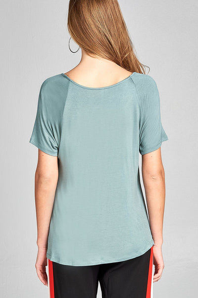 Ladies fashion short raglan sleeve front twisted rayon spandex top