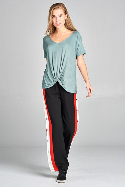 Ladies fashion short raglan sleeve front twisted rayon spandex top