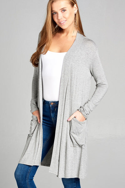 Ladies Fashion Long Sleeve Open Front w/Pocket Long Length Rayon Spandex Cardigan