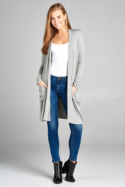 Ladies Fashion Long Sleeve Open Front w/Pocket Long Length Rayon Spandex Cardigan
