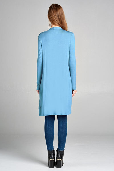 Ladies Fashion Long Sleeve Open Front w/Pocket Long Length Rayon Spandex Cardigan