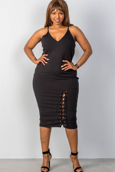 Ladies fashion plus size ribbed knit lace-up dress