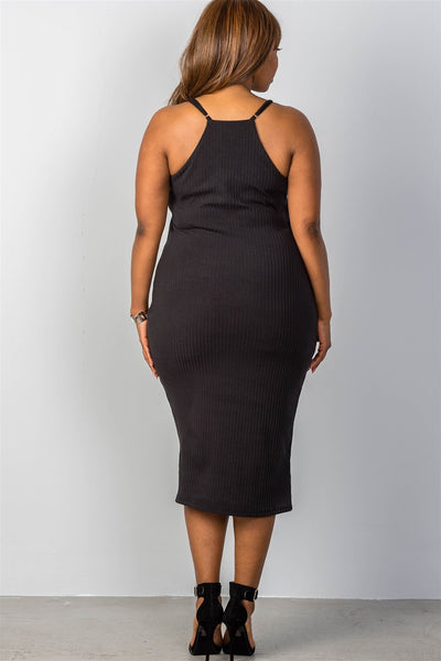 Ladies fashion plus size ribbed knit lace-up dress