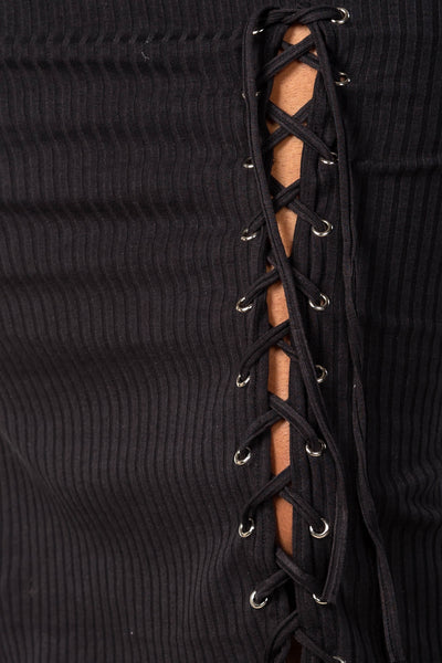 Ladies fashion plus size ribbed knit lace-up dress
